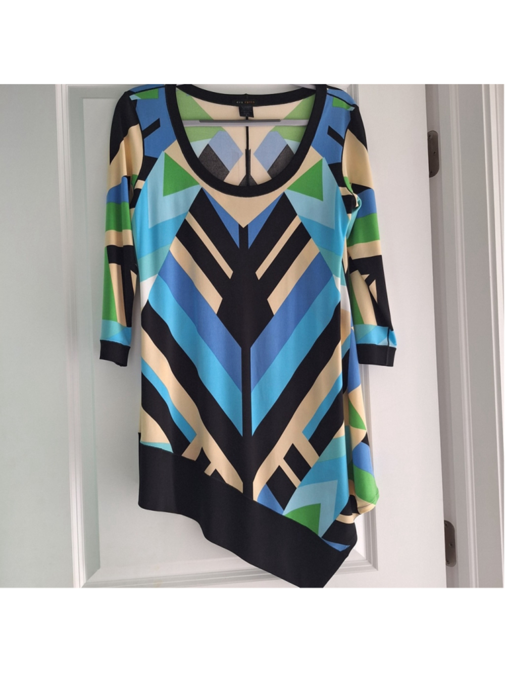 Eva Varro Tunic Top Womens Large Multicolor Abstract Asymmetrical Hem 3/4 Sleeve